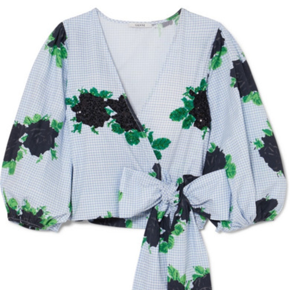 GANNI Embellished printed cotton-poplin wrap top